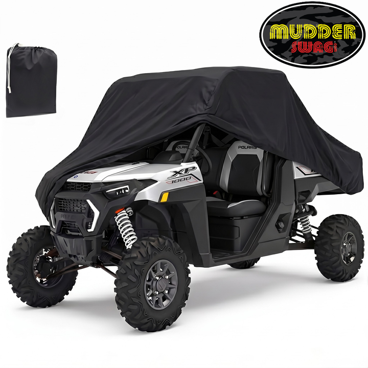 MudderSwag 2-seater UTV cover installed on Polaris RZR with included storage bag