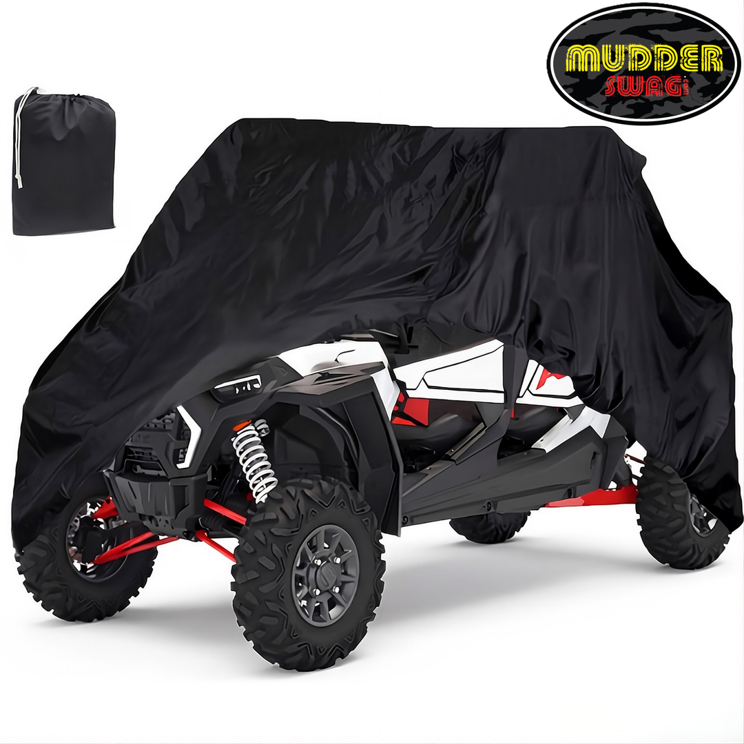 MudderSwag 4-seater UTV cover installed on Polaris RZR with included storage bag