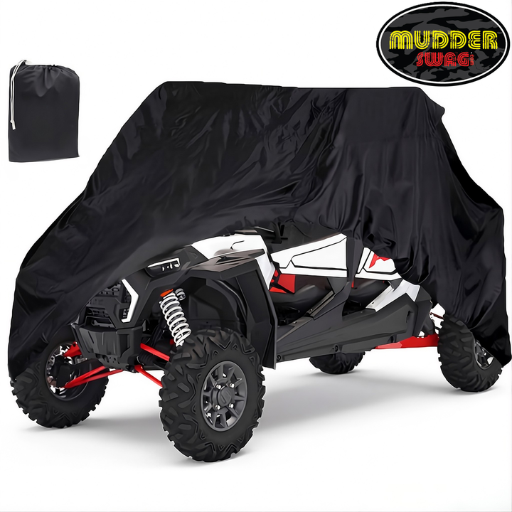 MudderSwag 4-seater UTV cover installed on Polaris RZR with included storage bag