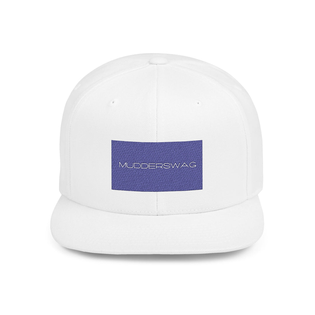 MudderSwag Ice Cold white snapback hat front view with embroidered brand panel
