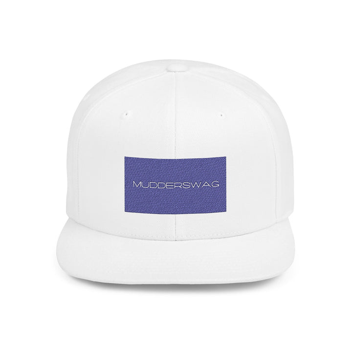 MudderSwag Ice Cold white snapback hat front view with embroidered brand panel