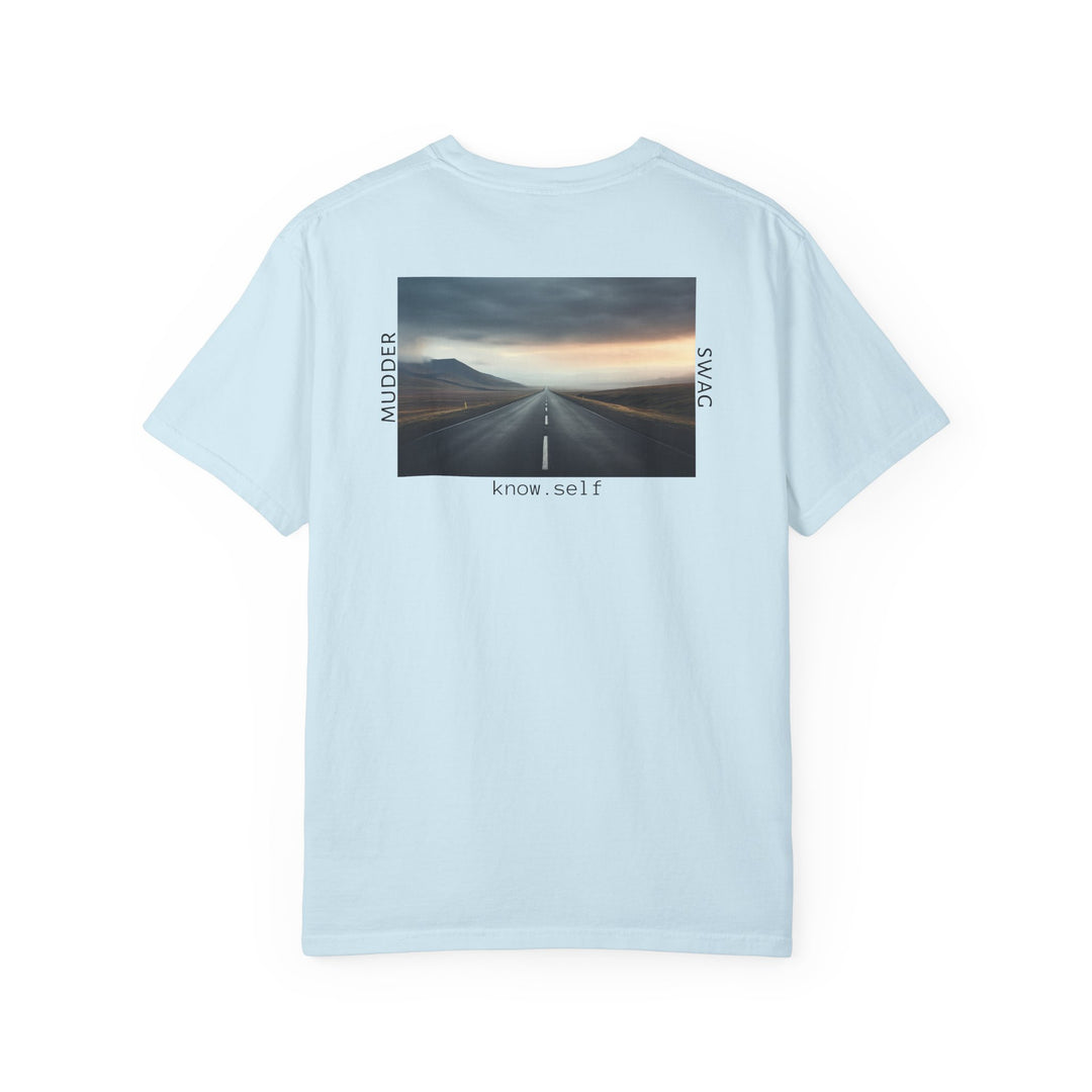 MudderSwag know.self chambray-blue tee back view with open-road landscape graphic