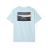 MudderSwag know.self chambray-blue tee back view with open-road landscape graphic