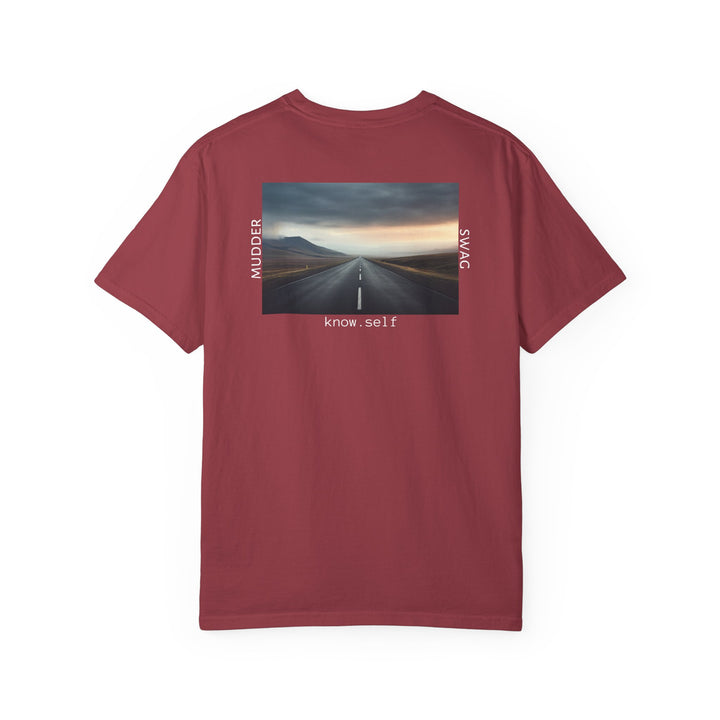 MudderSwag know.self chili tee back view with open-road landscape graphic