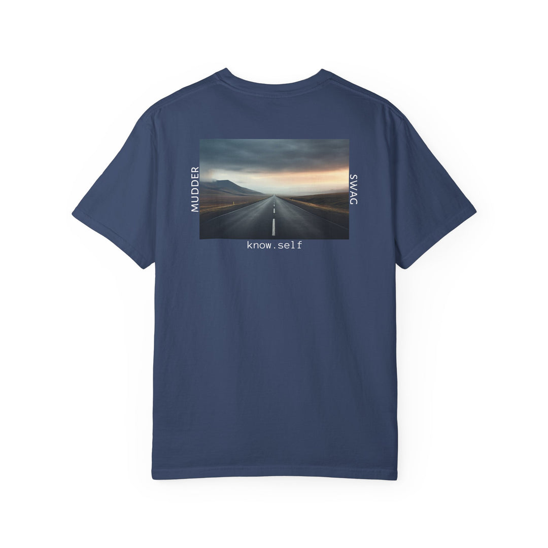 MudderSwag know.self china-blue tee back view with open-road landscape graphic