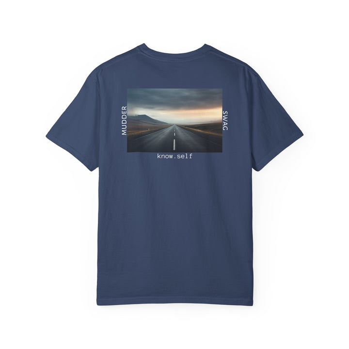 MudderSwag know.self china-blue tee back view with open-road landscape graphic