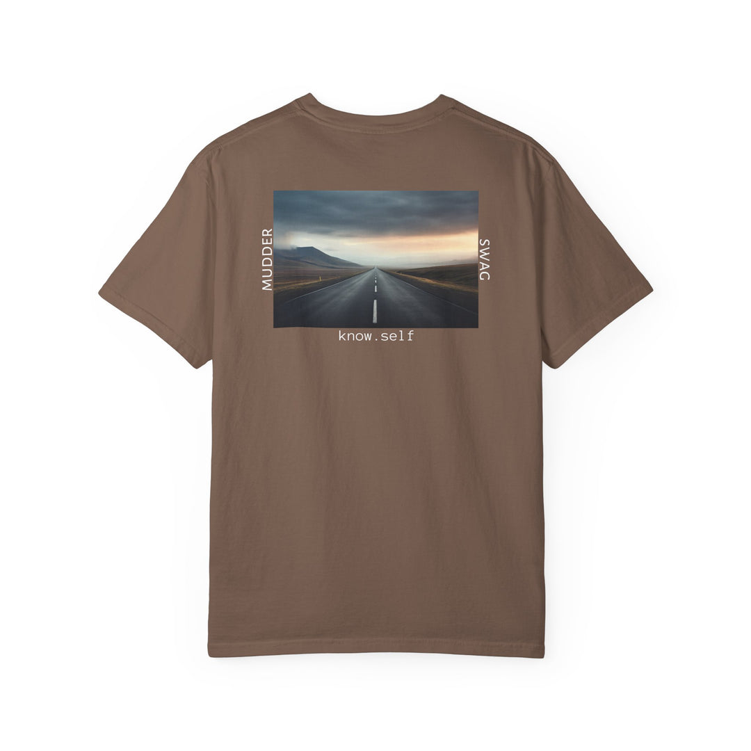 MudderSwag know.self espresso tee back view with open-road landscape graphic