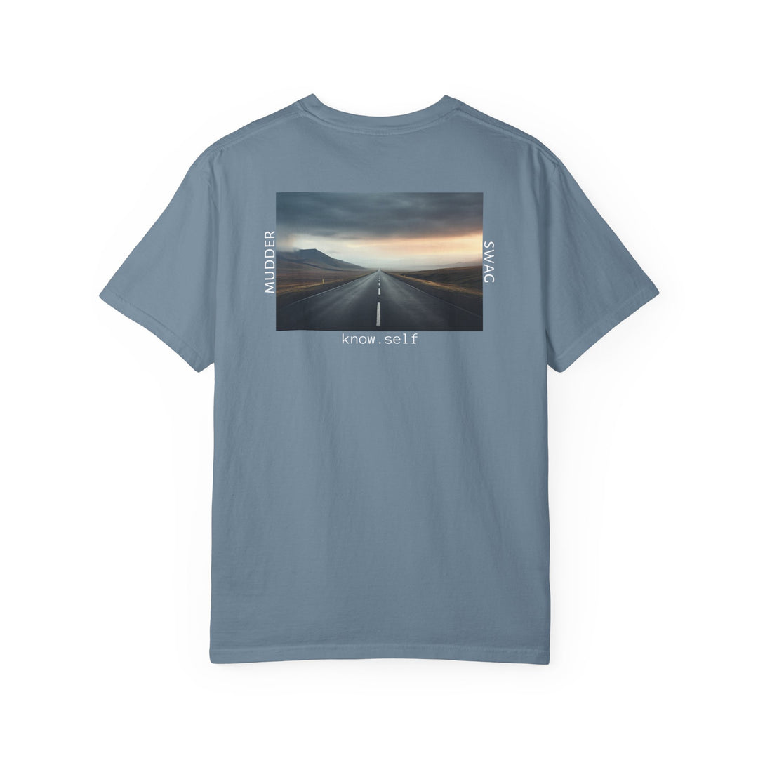 MudderSwag know.self ice-blue tee back view with open-road landscape graphic