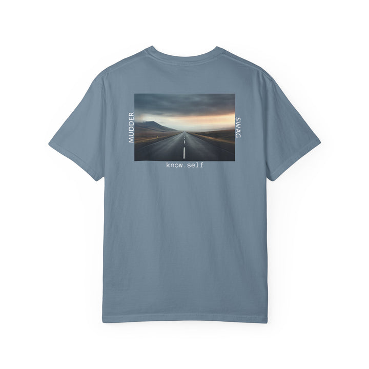MudderSwag know.self ice-blue tee back view with open-road landscape graphic