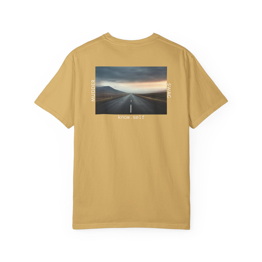 MudderSwag know.self mustard tee back view with open-road landscape graphic