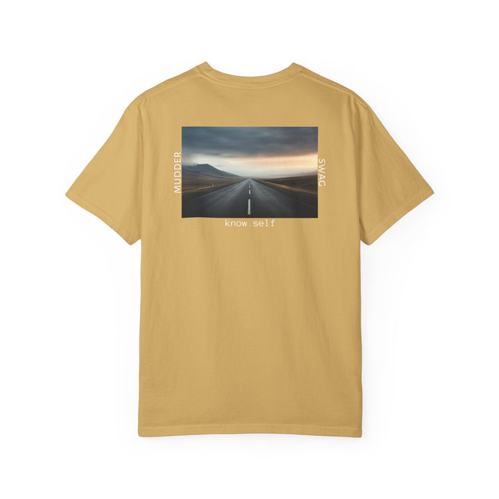 MudderSwag know.self mustard tee back view with open-road landscape graphic