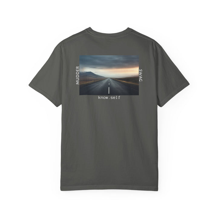 MudderSwag know.self pepper tee back view with open-road landscape graphic