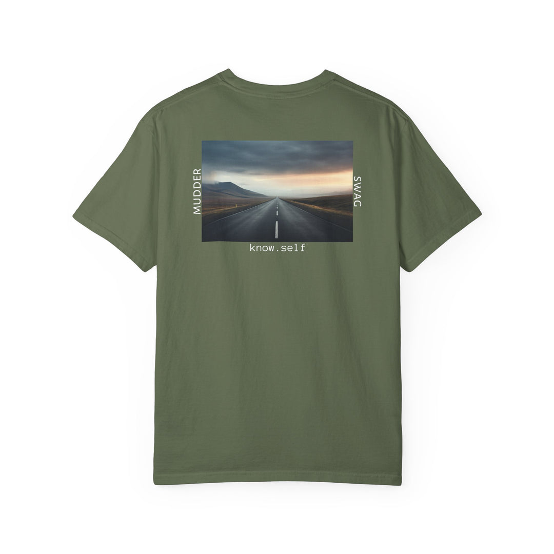MudderSwag know.self sage tee back view with open-road landscape graphic