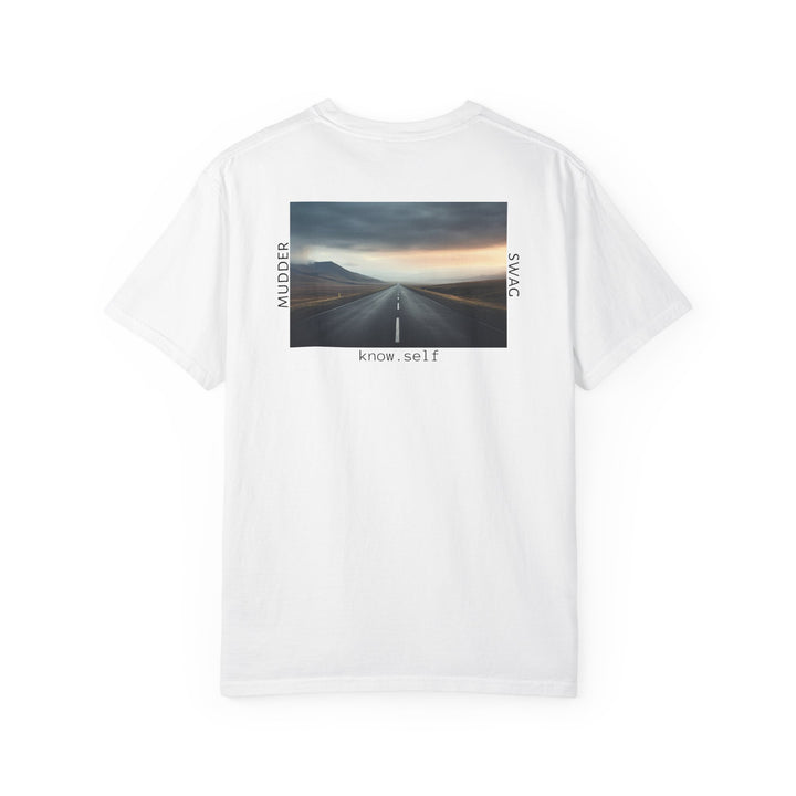 MudderSwag know.self white tee back view with open-road landscape graphic