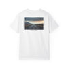 MudderSwag know.self white tee back view with open-road landscape graphic