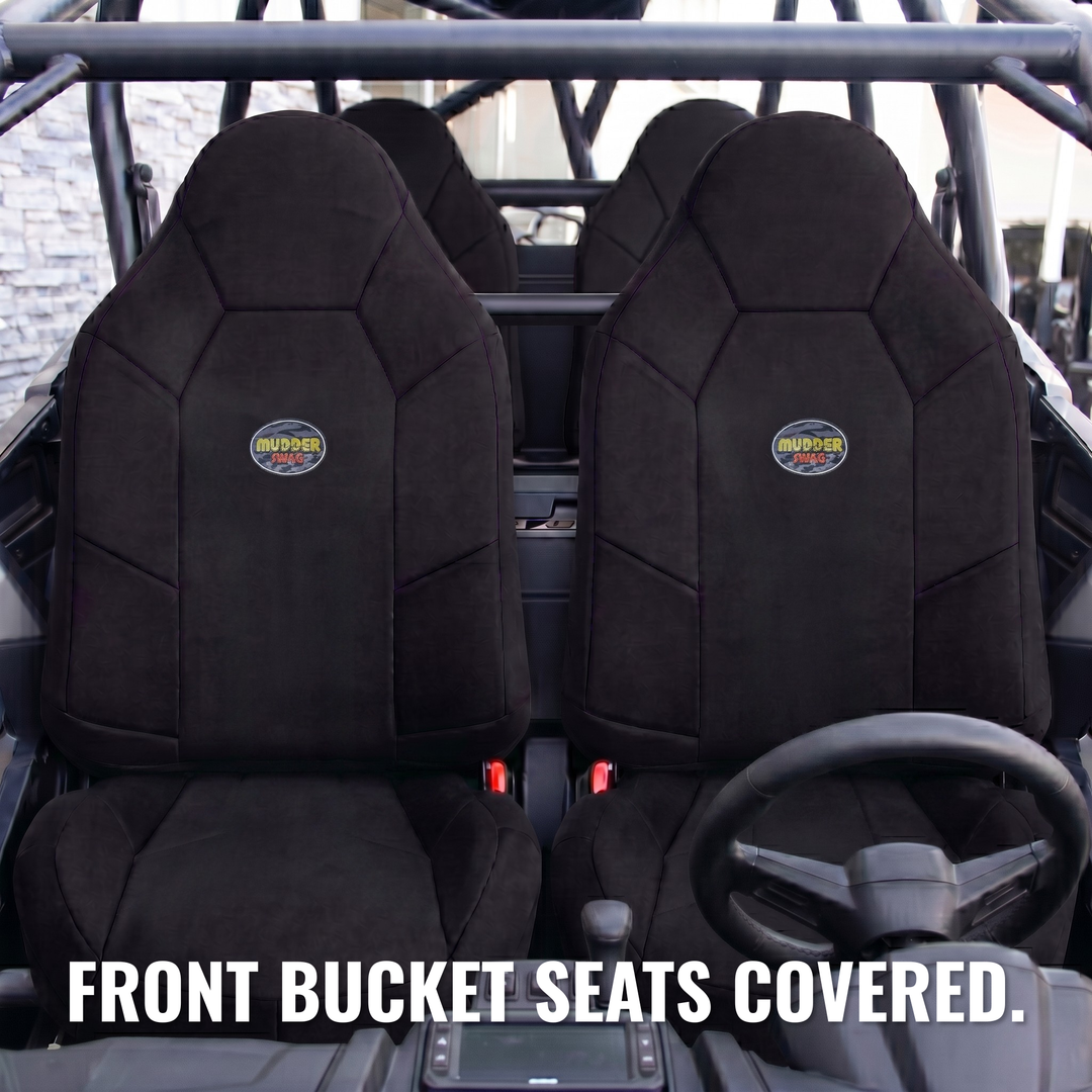 MudderSwag padded neoprene seat covers installed on Polaris General Crew front row driver and passenger bucket seats showing custom-tailored fit