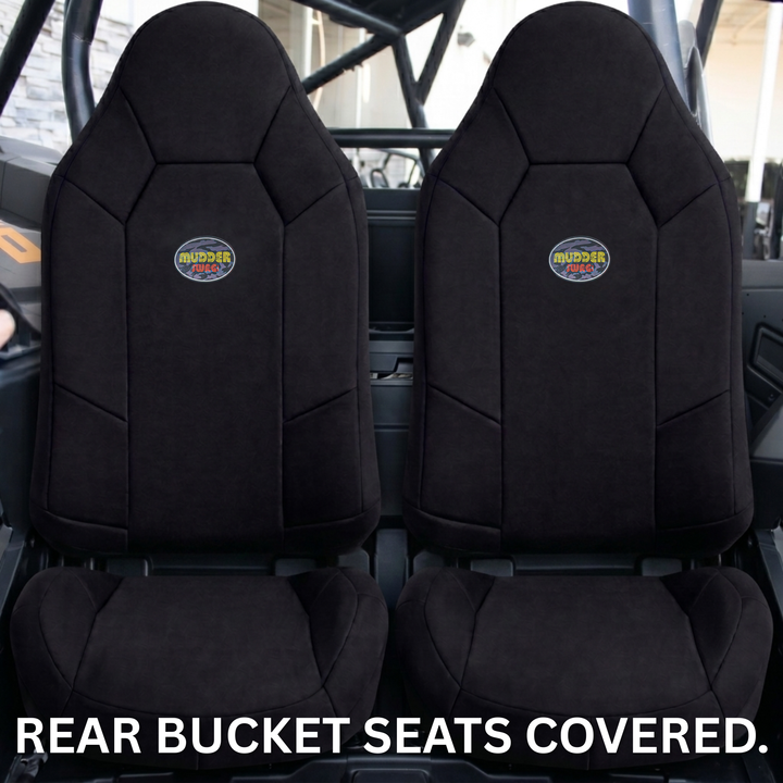 MudderSwag padded neoprene seat covers installed on Polaris General Crew rear row bucket seats showing custom-tailored fit on second-row passenger seating