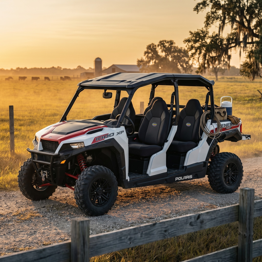 White and red Polaris General XP 4 with MudderSwag padded neoprene seat covers parked on Louisiana ranch road at golden hour with farming gear loaded in cargo bed