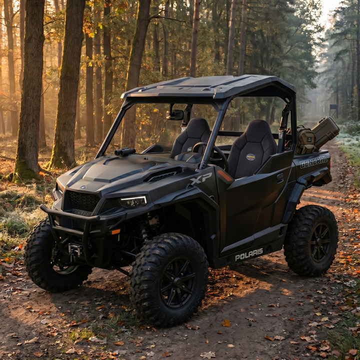Matte black Polaris General XP with MudderSwag padded neoprene seat covers parked on forest trail at golden hour with hunting gear loaded