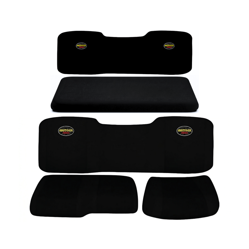 Polaris Ranger Crew 5-piece padded neoprene seat cover set with solid front backrest, 60/40 split front bottom, solid rear backrest, and solid full-bench rear bottom on white background