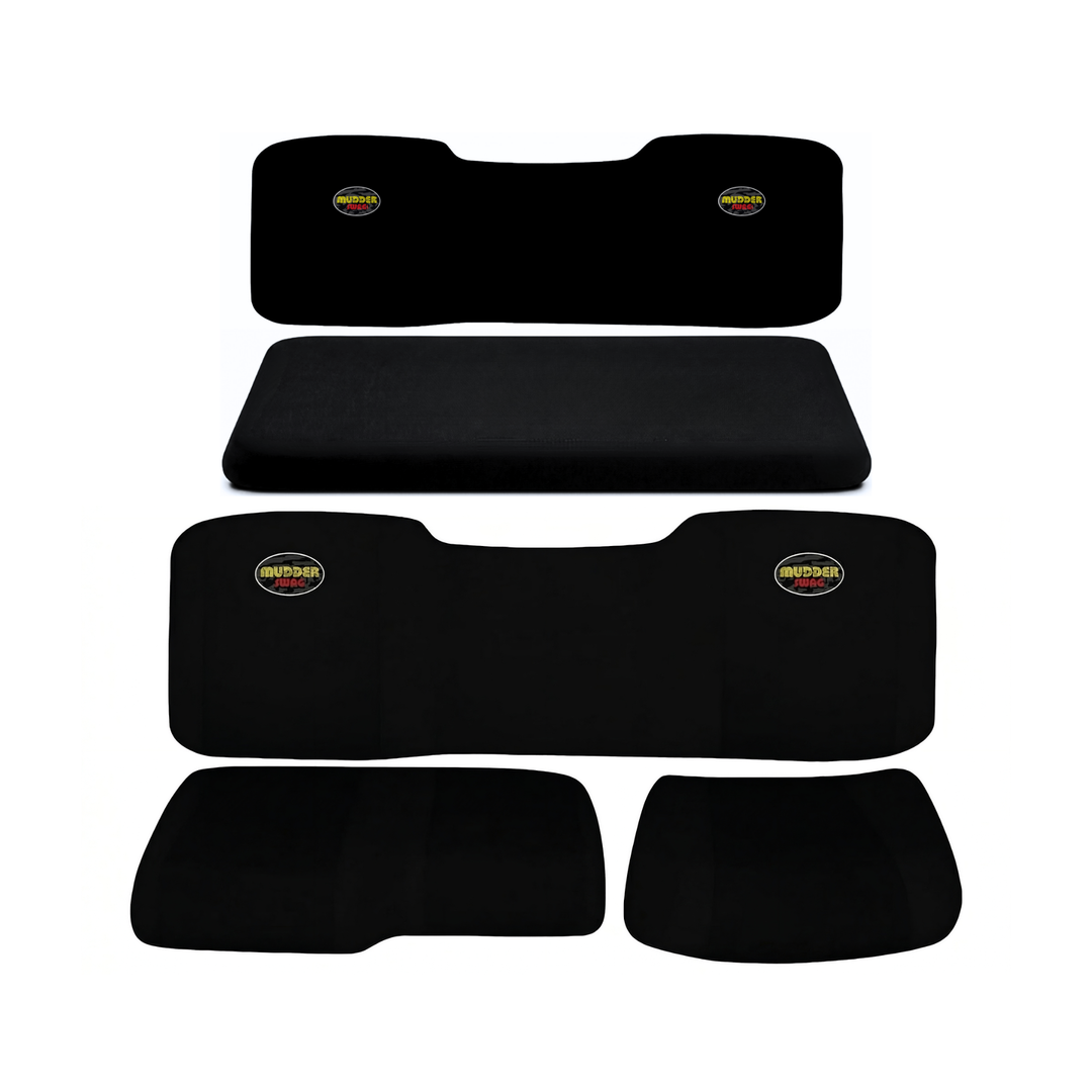 Polaris Ranger Crew 5-piece padded neoprene seat cover set with solid front backrest, 60/40 split front bottom, solid rear backrest, and solid full-bench rear bottom on white background