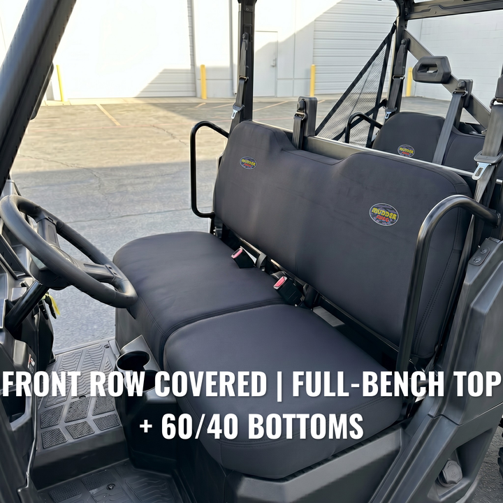MudderSwag padded neoprene seat covers installed on Polaris Ranger Crew front row showing solid one-piece backrest cover and 60/40 split bottom cushion covers