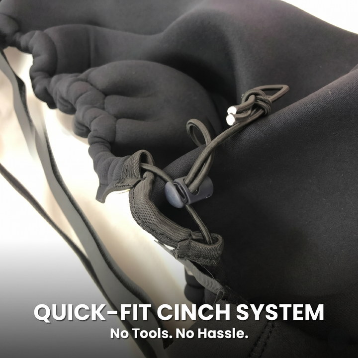 MudderSwag Quick-Fit Cinch System close-up showing elastic cord and plastic cinch lock built into padded neoprene seat cover edge