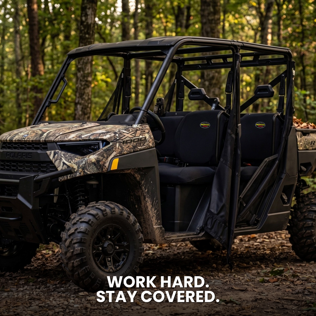 Polaris Ranger Crew with MudderSwag padded neoprene seat covers parked on backcountry trail showing rugged outdoor use
