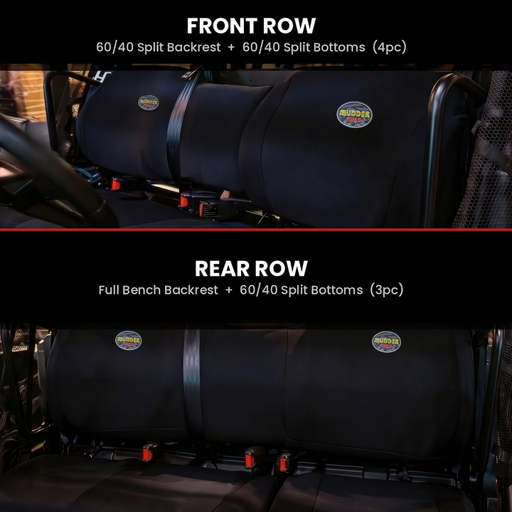 Side-by-side comparison of front row and rear row seat layouts in Polaris Ranger Crew