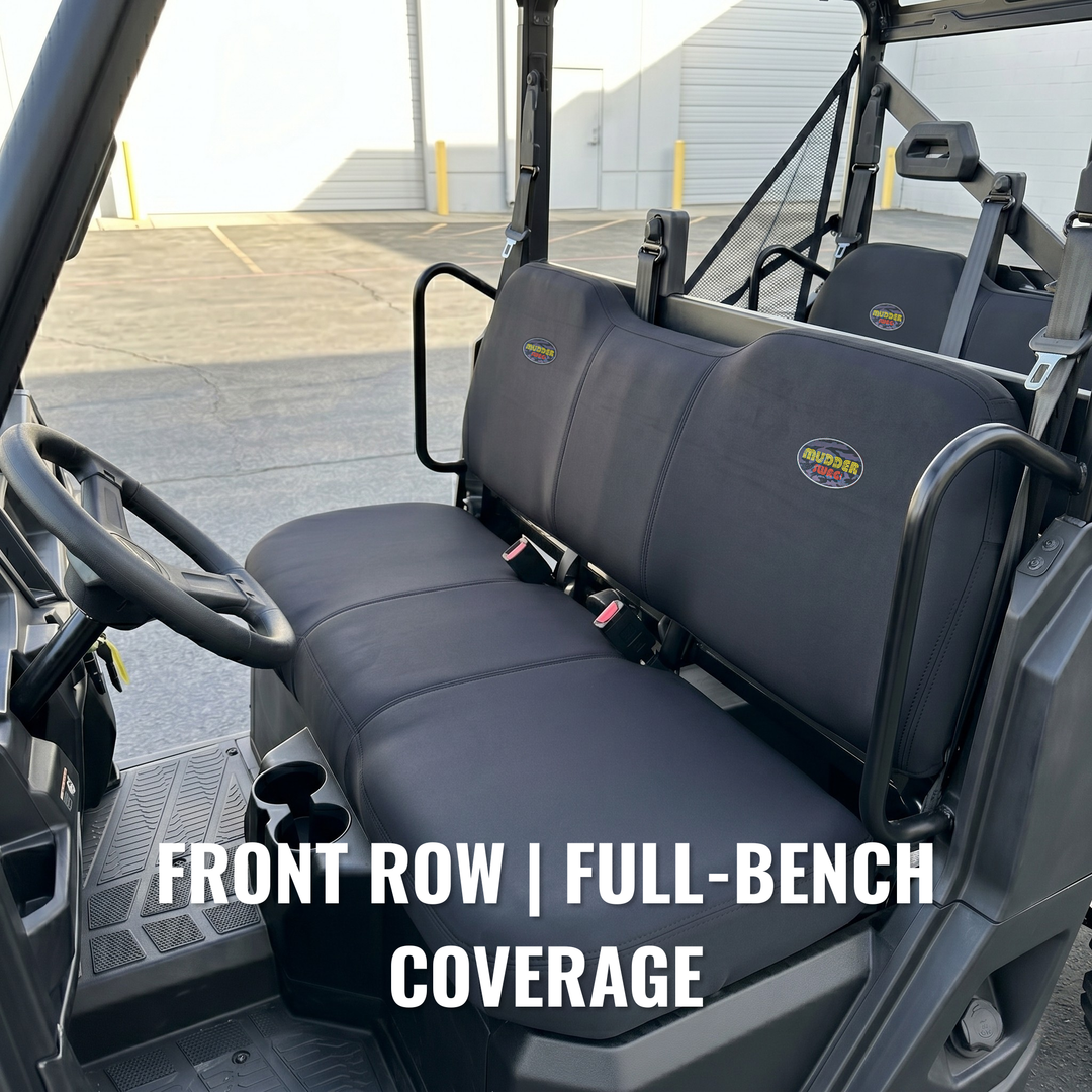 MudderSwag padded neoprene seat covers installed on Polaris Ranger Crew 570 Full-Size front row showing solid full-bench backrest and solid full-bench bottom cushion coverage