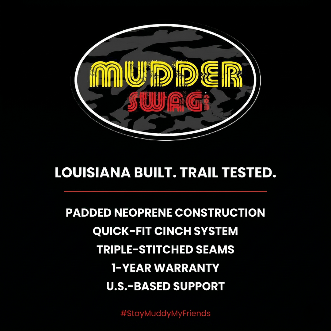 MudderSwag brand benefits banner listing padded neoprene, Quick-Fit Cinch System, triple-stitched seams, under-seat storage access, Louisiana family brand, and 1-year warranty
