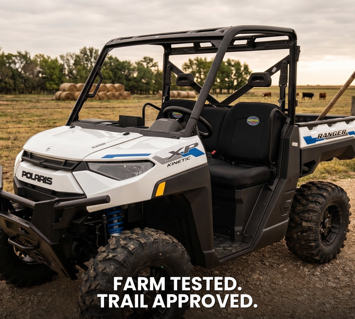 Polaris Ranger XP Kinetic with MudderSwag seat covers on Louisiana ranch