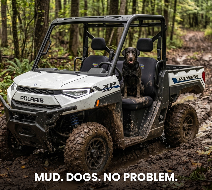 Polaris Ranger XP Kinetic with MudderSwag seat covers in muddy trail conditions