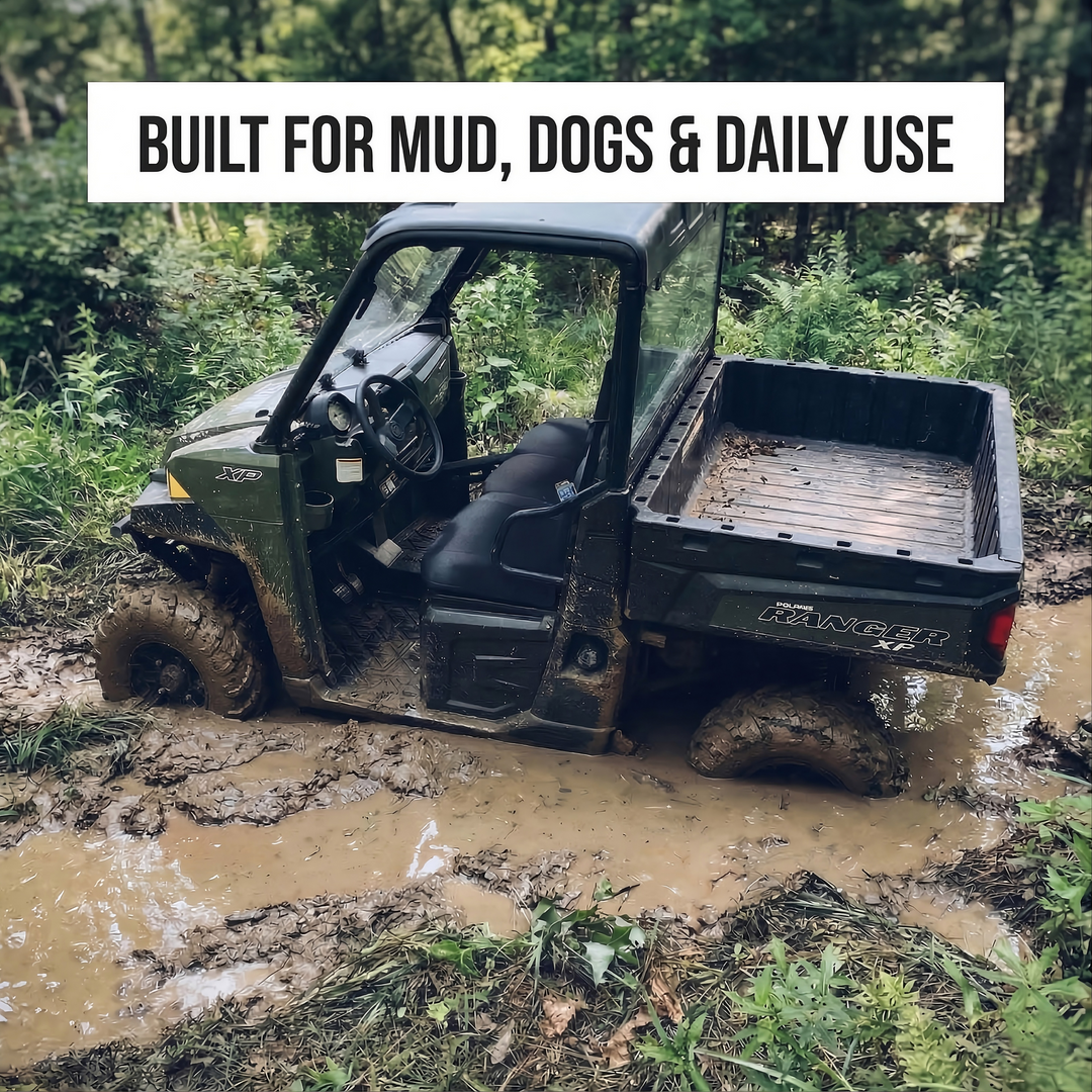 Polaris Ranger XP 1000 with MudderSwag seat covers parked on muddy trail
