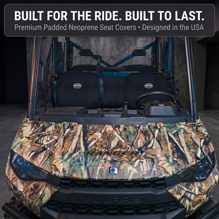 MudderSwag seat covers installed in Polaris Ranger XP 1000 cab interior