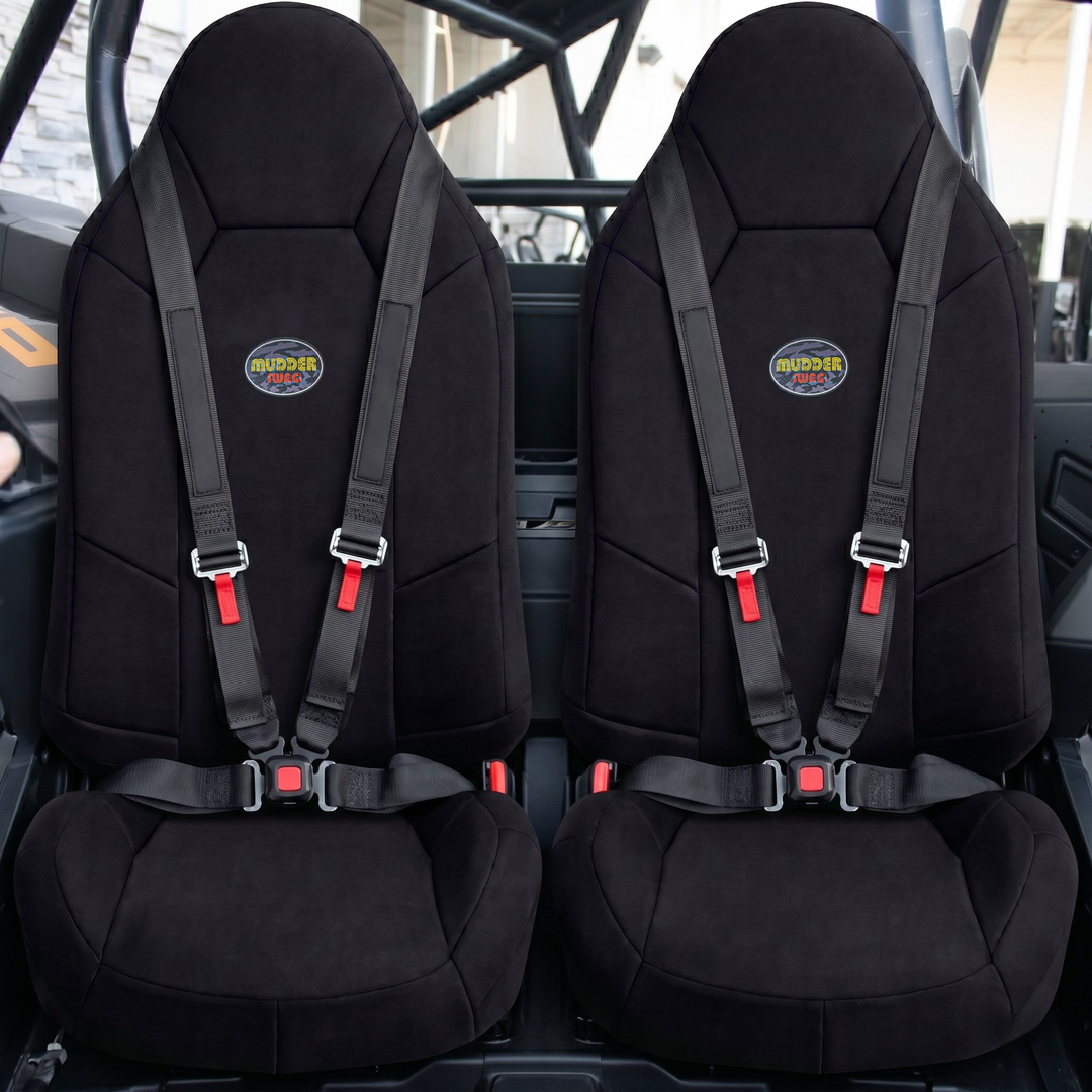 Polaris RZR Crew rear-row bucket seats covered in MudderSwag black padded neoprene with 4-point harness installed
