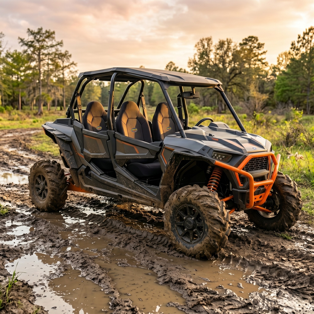 Polaris RZR 4-seat side-by-side covered in mud on a Louisiana trail at sunset showing the rig MudderSwag seat covers are built for