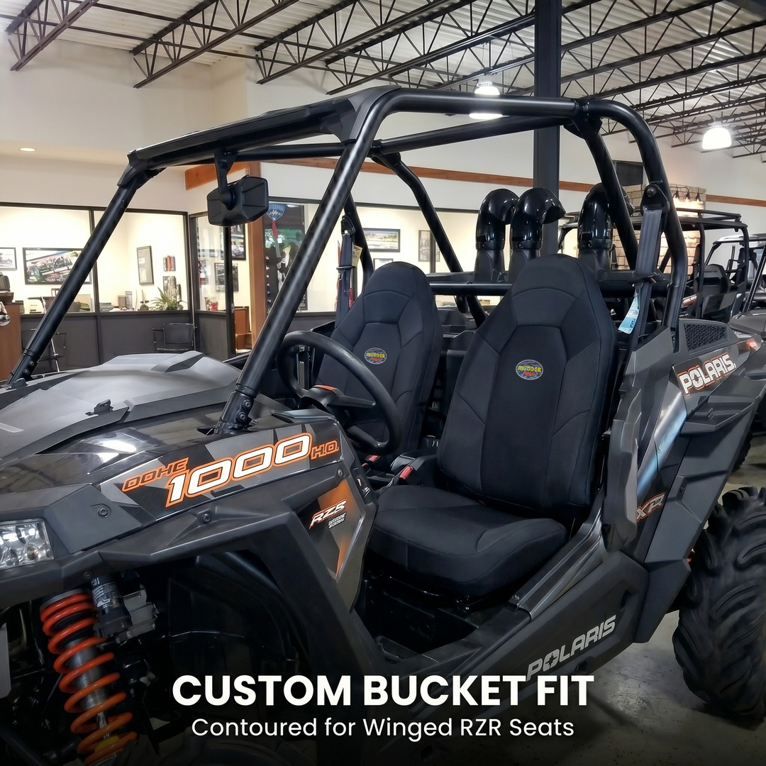 MudderSwag bucket-fit seat cover wrapping deep RZR bolster cushion