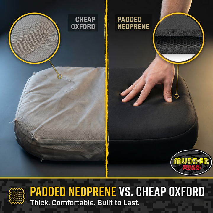 Side-by-side comparison of cheap torn Oxford UTV seat cover fabric next to MudderSwag thick padded neoprene seat cover fabric