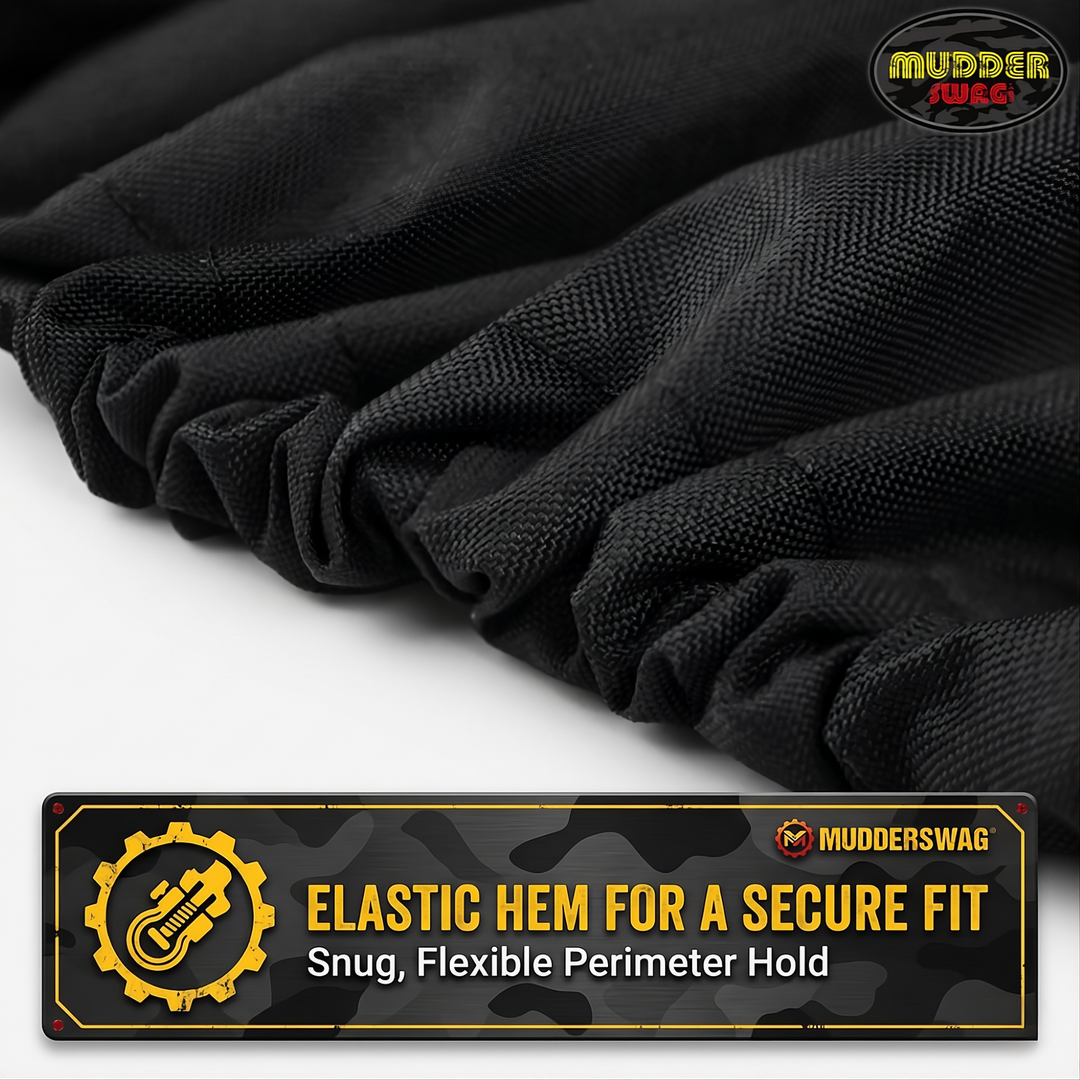 Elastic hem detail on MudderSwag UTV cover for snug perimeter fit around UTV