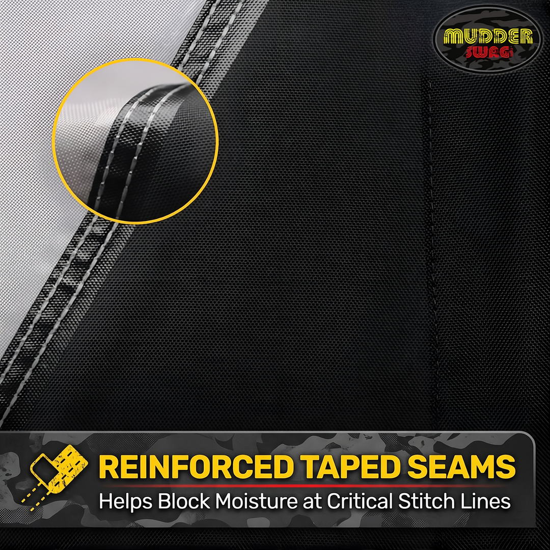 Reinforced taped seams on MudderSwag UTV cover blocking moisture at stitch lines