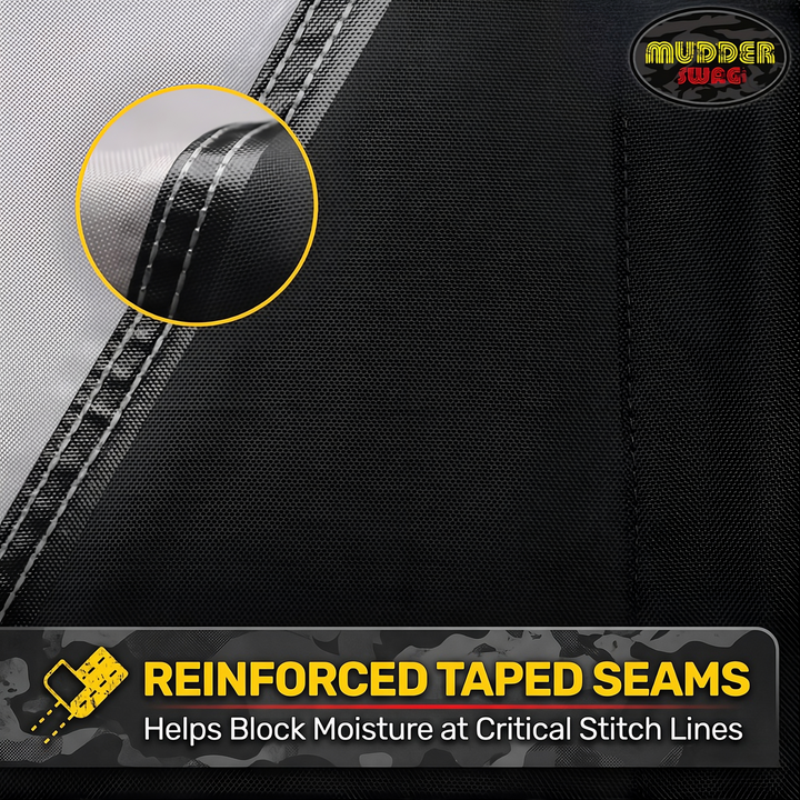 Reinforced taped seams on MudderSwag UTV cover blocking moisture at stitch lines