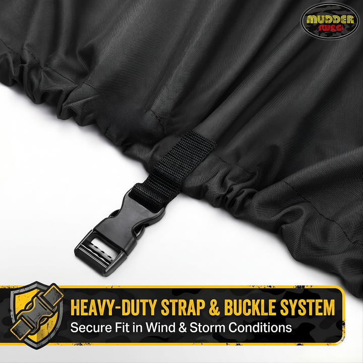 Heavy-duty strap and buckle system on MudderSwag UTV cover for secure fit in wind