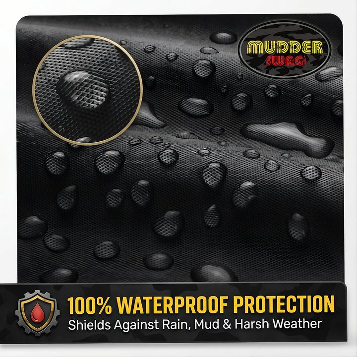 Water droplets beading on MudderSwag UTV cover showing 100% waterproof protection